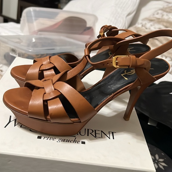 YVES SAINT LAURENT TRIBUTE WOOD-EFFECT PLATFORM SANDALS BROWN LEATHER SIZE 9.5 - Picture 3 of 5